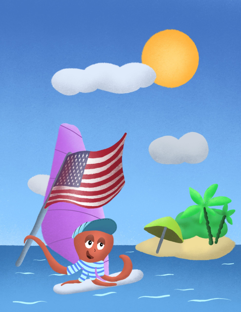 cut and paste activity page with octopus surfer and USA flag