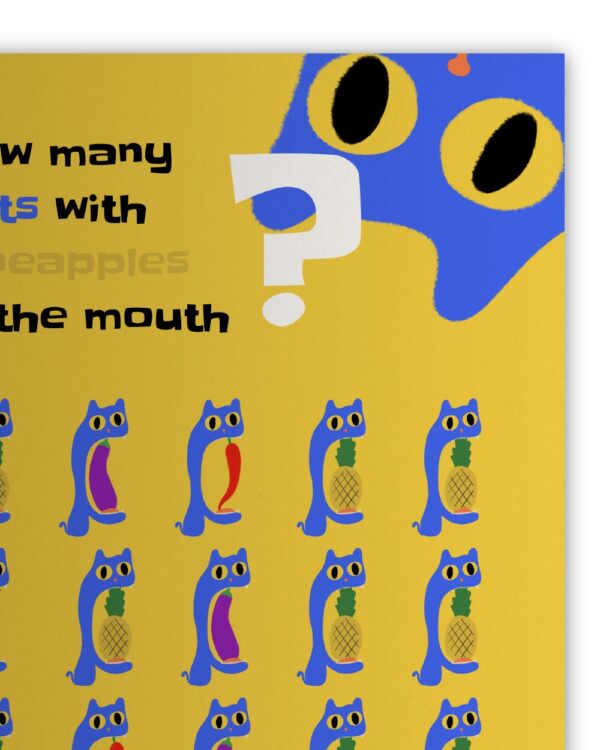 I spy book where you have to spot and tell how many and what objects are in a mouth of a cat
