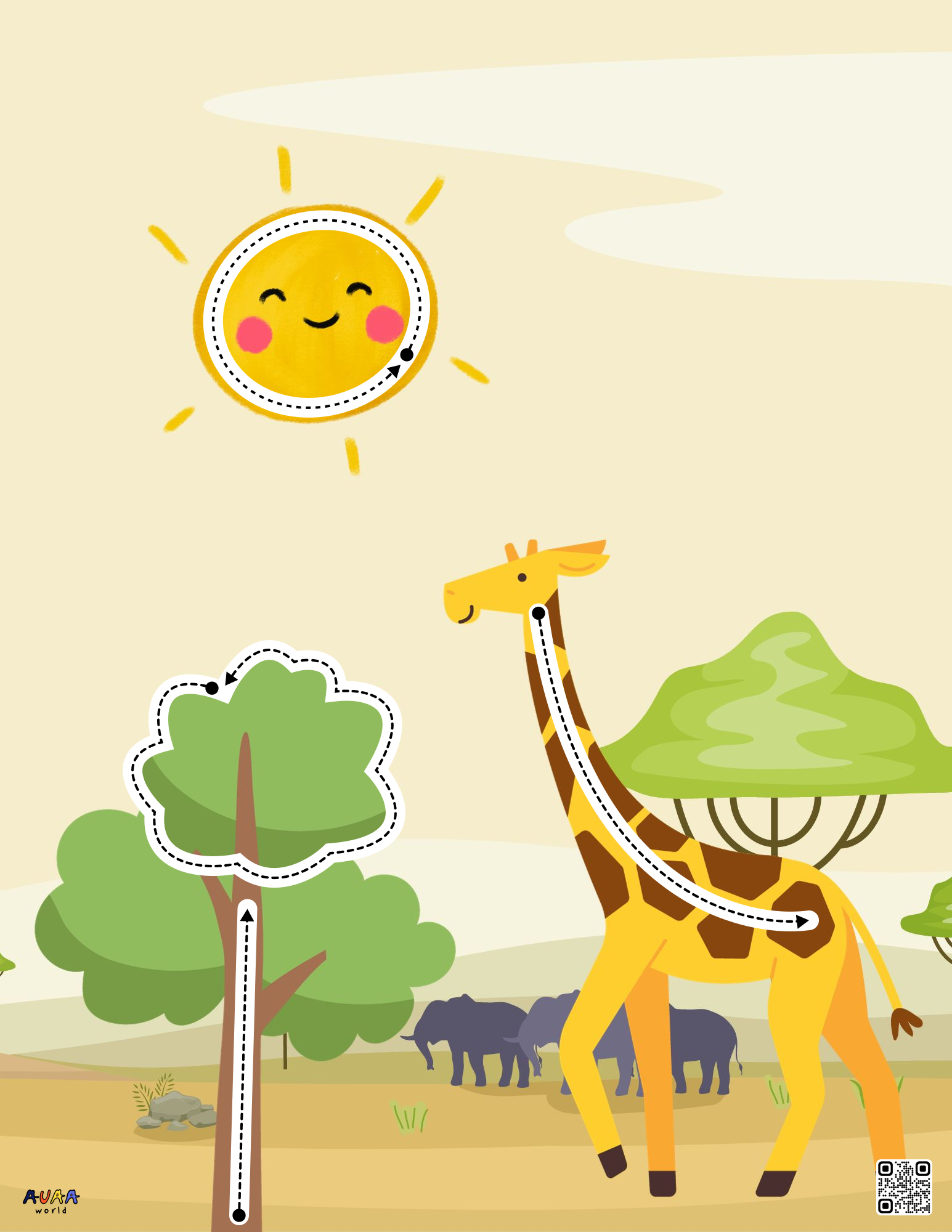 jungle themed pencil control activity pages of sun, tree and giraffe