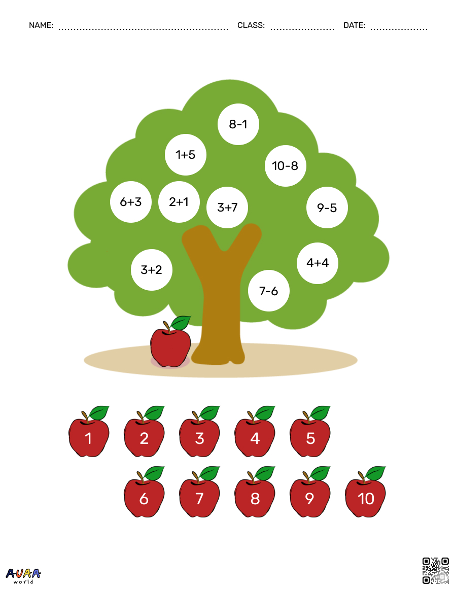 apple tree addition math worksheet