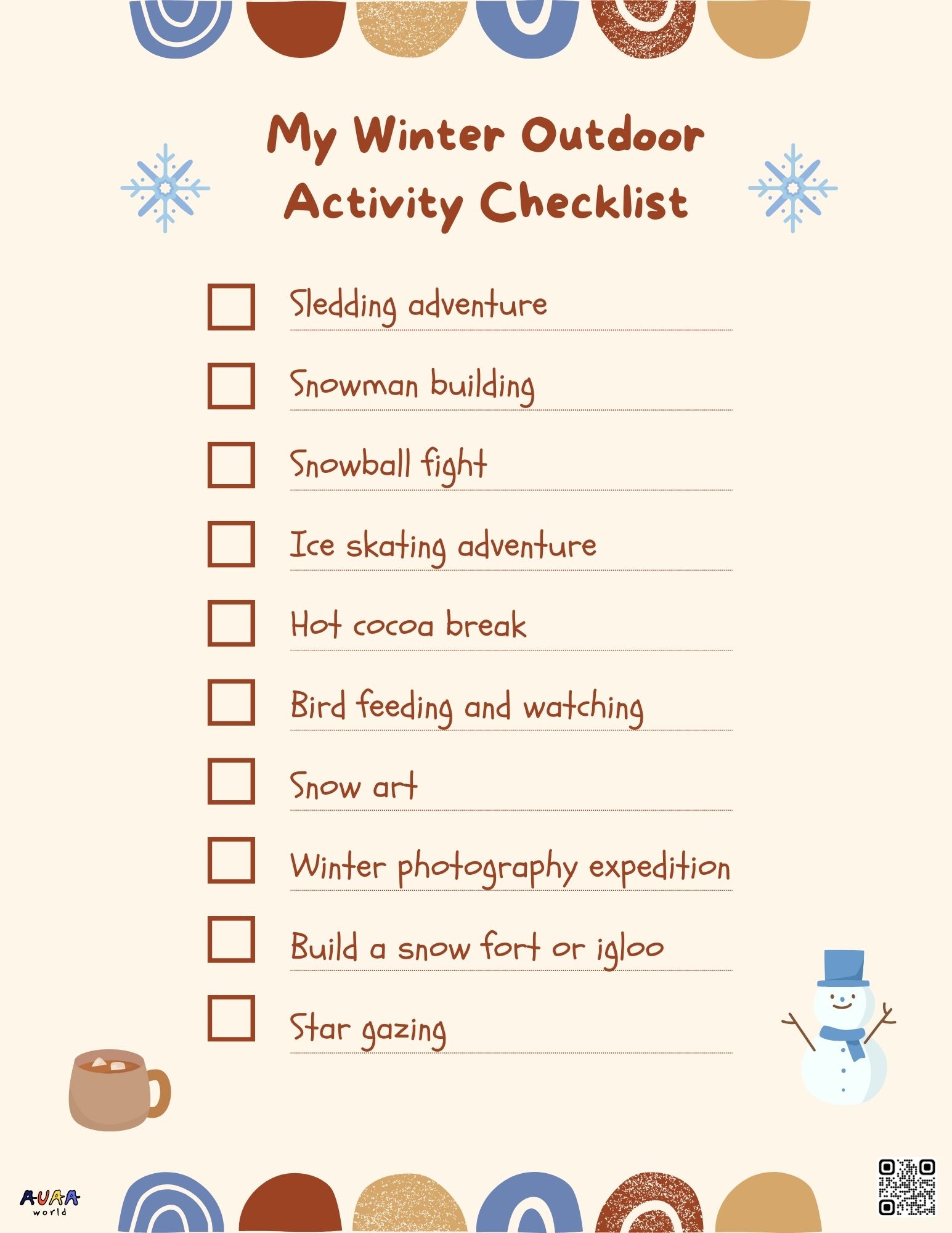 winter outdoor activity checklist for kids