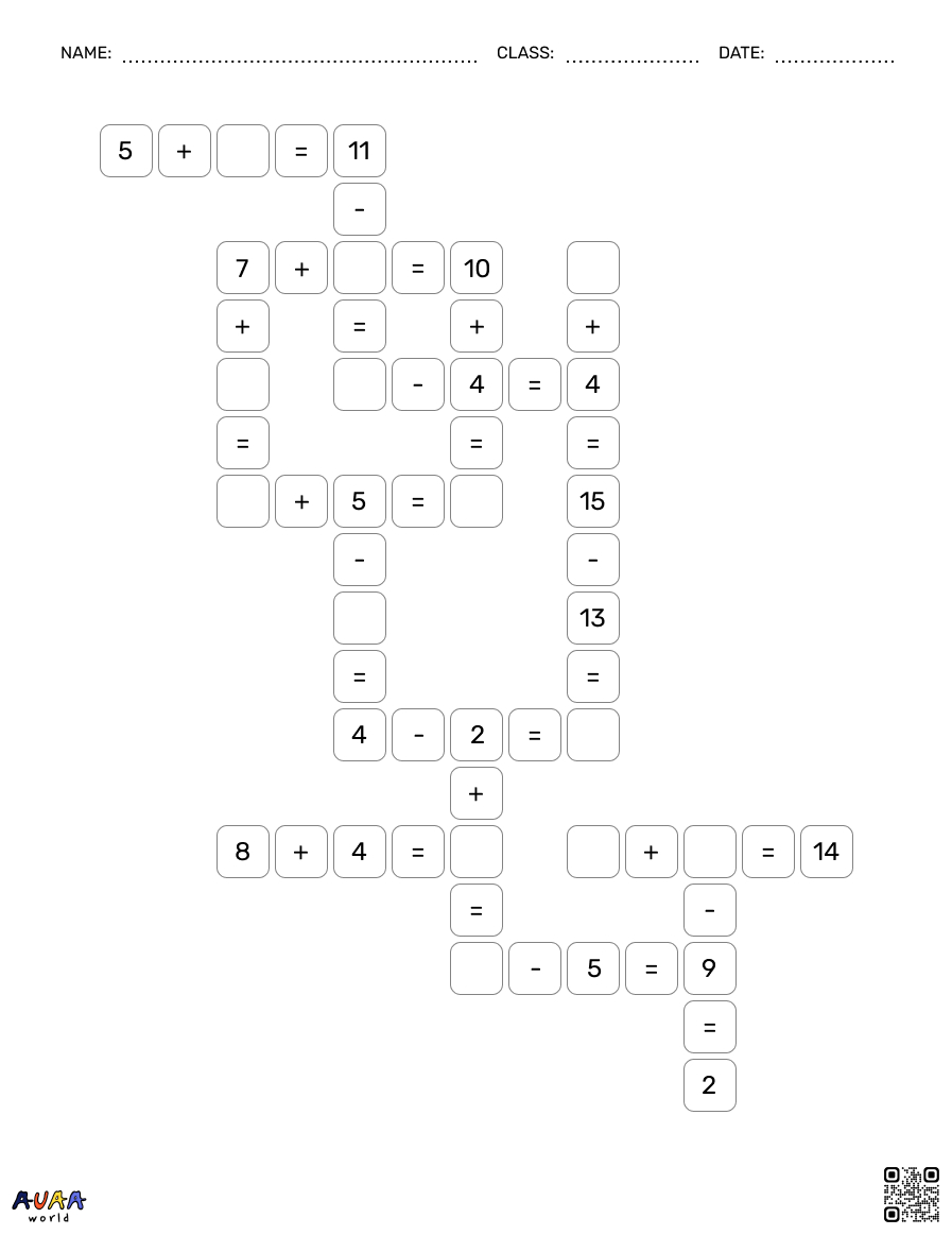 math crossword style puzzle worksheet