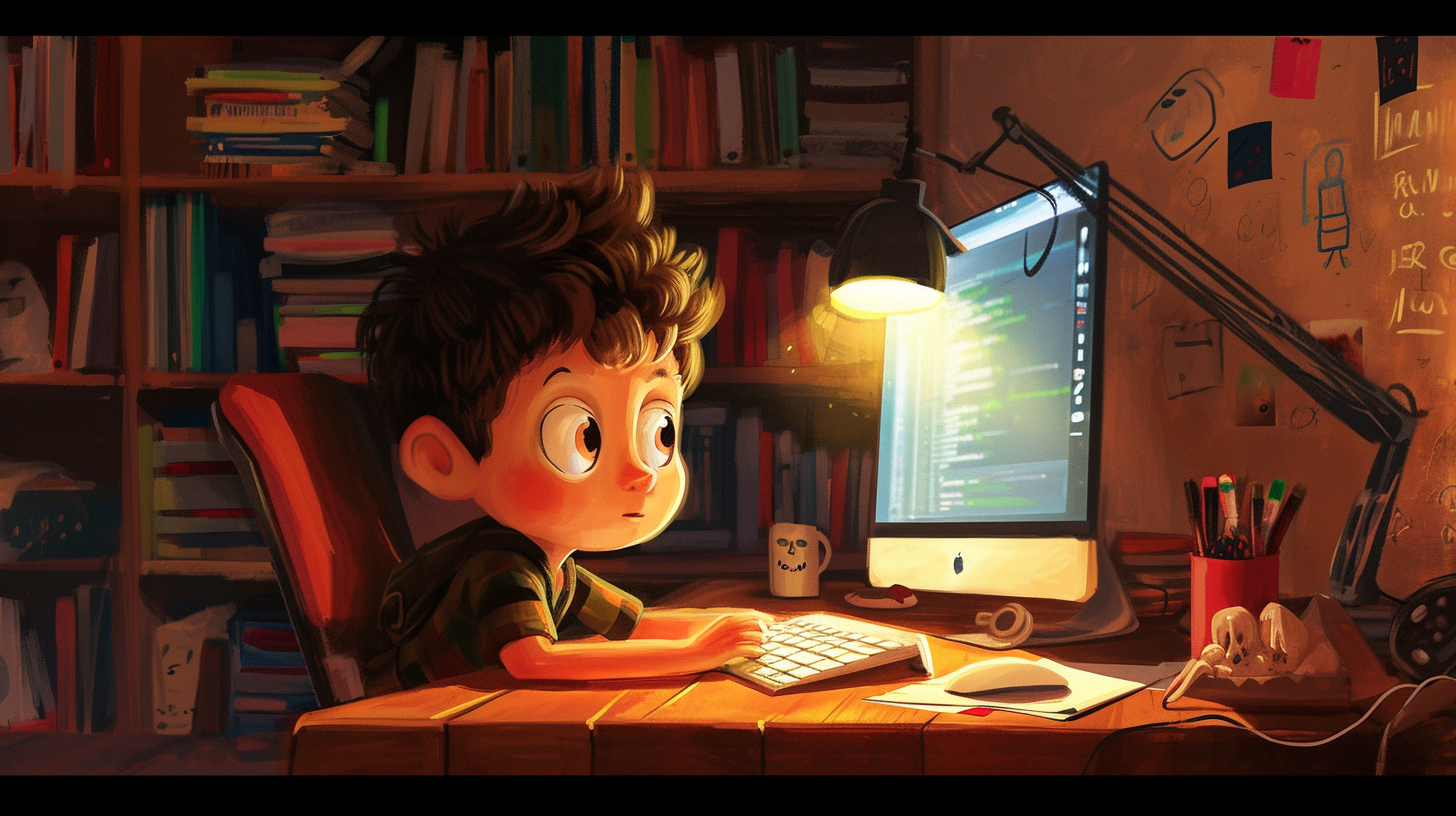 Illustration of small kid doing some computer work