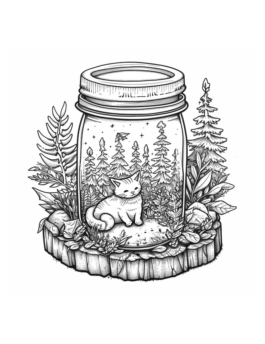 cat in a jar cute coloring page