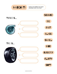 turbo and wheel car parts adjective exercise for primary school kids