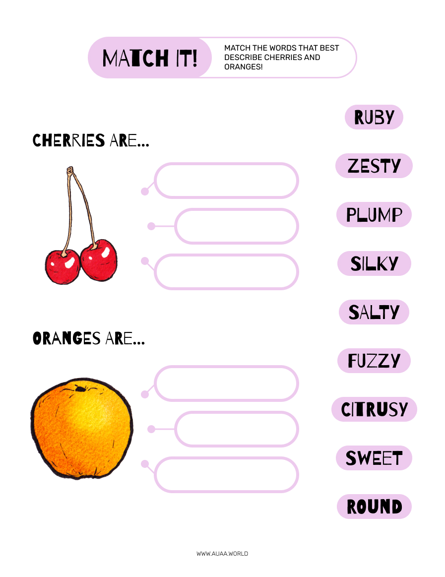 fruits adjectives exercise worksheet for primary school kids
