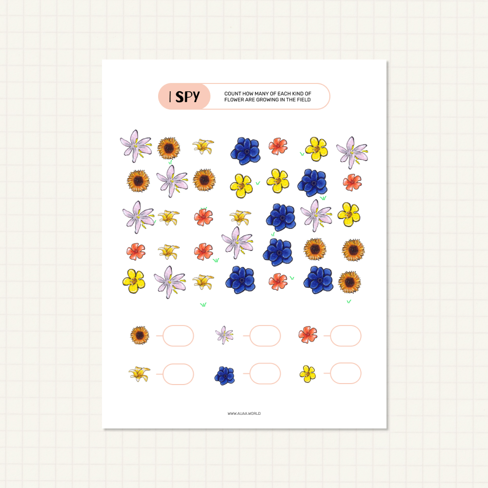 math counting I spy worksheet for kids with flower summer theme