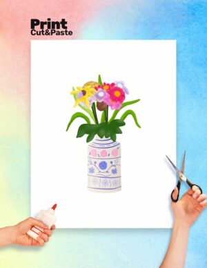 Printable kids activity sheet, flowers in vase DIY kids paper craft, preschool activities, kids craft, adult craft kit, download and print