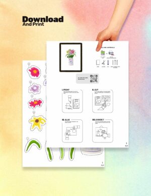 Printable kids activity sheet, flowers in vase DIY kids paper craft, preschool activities, kids craft, adult craft kit, download and print