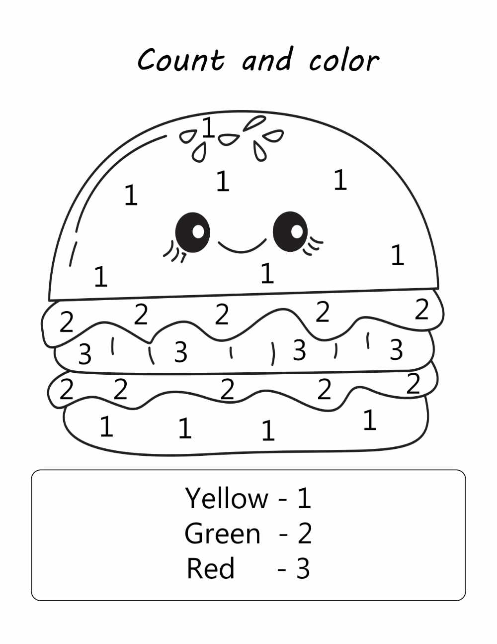 Kawaii count and color activity worksheet for kids