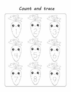 Kawaii count and trace activity worksheet for kids