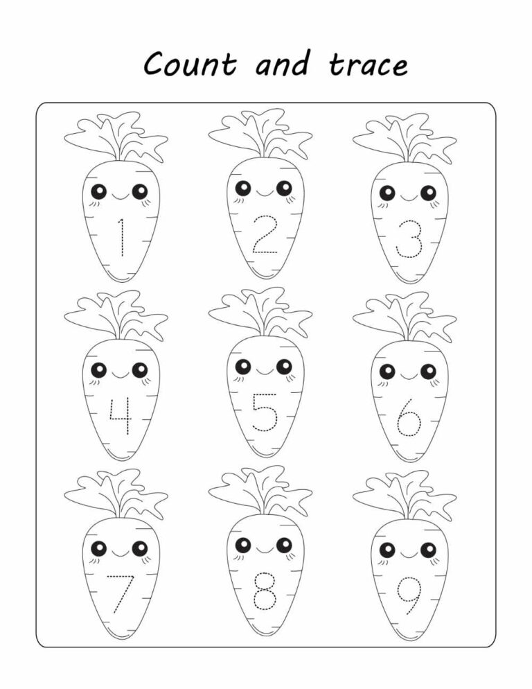 Kawaii count and trace activity worksheet for kids