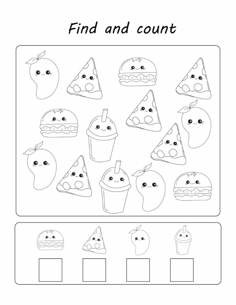 Kawaii find and count activity worksheet for kids