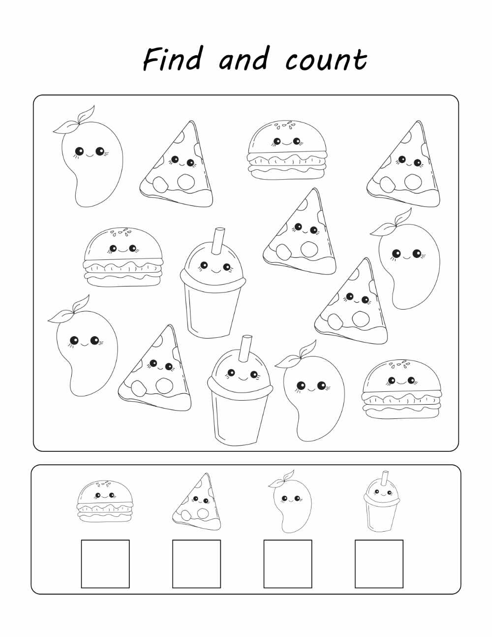 Kawaii find and count activity worksheet for kids